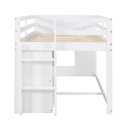 DreamHaus loft bed with integrated cabinet and shelf, featuring a sturdy frame and modern design for efficient space use.
