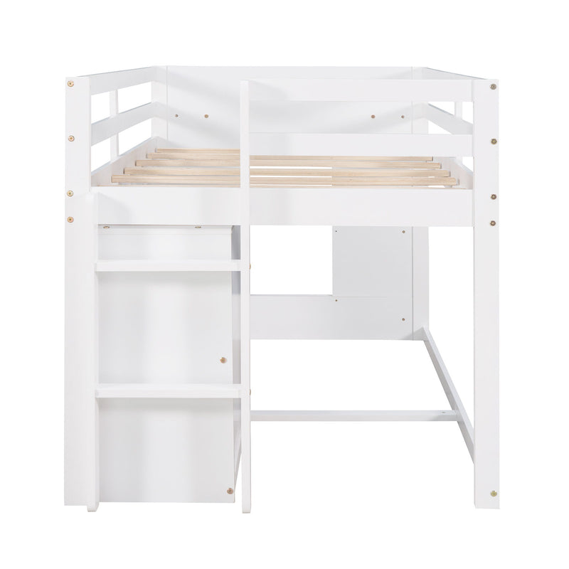 DreamHaus loft bed with integrated cabinet and shelf, featuring a sturdy frame and modern design for efficient space use.