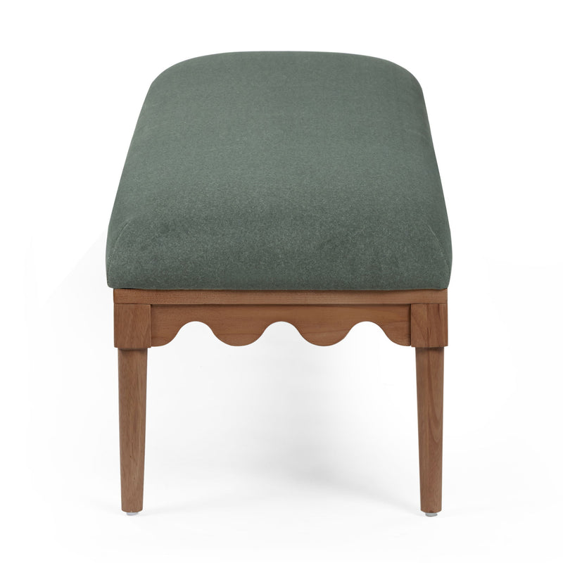 TOV Furniture Oodle vegan mohair upholstered bench with walnut wood legs, modern and plush seating for living room decor.