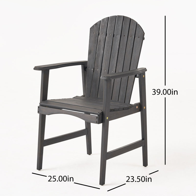 Set of two Noble House outdoor weather-resistant acacia wood Adirondack dining chairs, featuring wide armrests and a classic design.