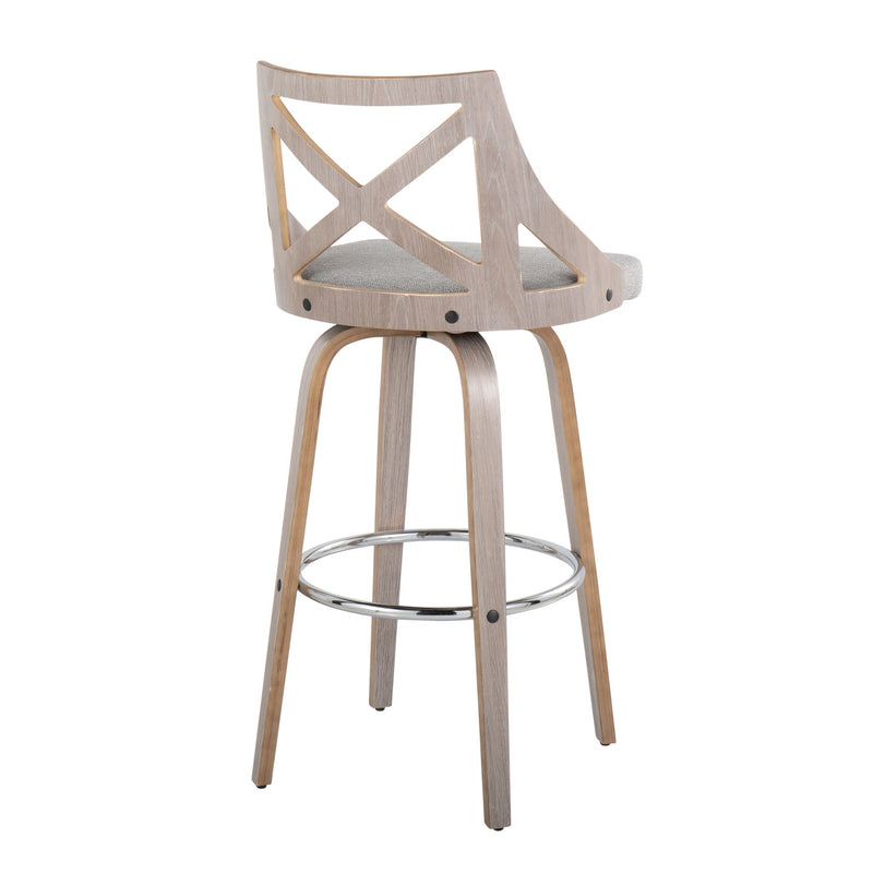 Lumi Source Charlotte farmhouse fixed-height bar stools with round footrests, set of 2, featuring wooden seats and metal frames.