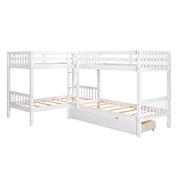 DreamHaus L-shaped bunk bed with built-in drawers, featuring a modern design and space-saving structure for kids' bedrooms.