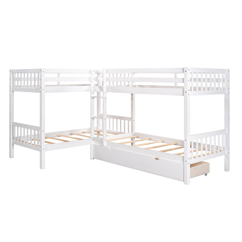 DreamHaus L-shaped bunk bed with built-in drawers, featuring a modern design and space-saving structure for kids' bedrooms.