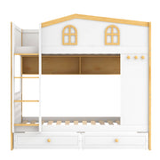 White and natural twin over twin bunk bed by Dreamland with house-shaped guardrails, storage shelves, and drawers, featuring a cozy design.