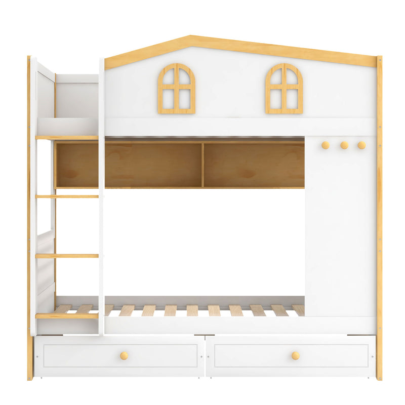 White and natural twin over twin bunk bed by Dreamland with house-shaped guardrails, storage shelves, and drawers, featuring a cozy design.