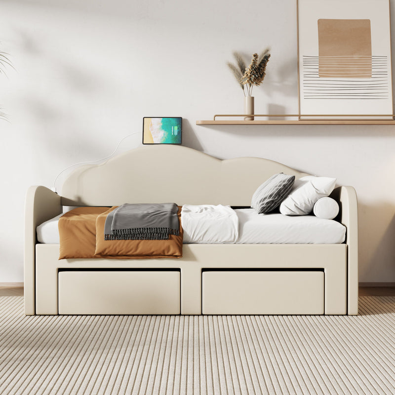 Upholstered Daybed With Cloud-Shaped Backrest, Trundle & 2 Drawers And USB Ports - R&R Furniture Gallery (Fountain Valley, CA)