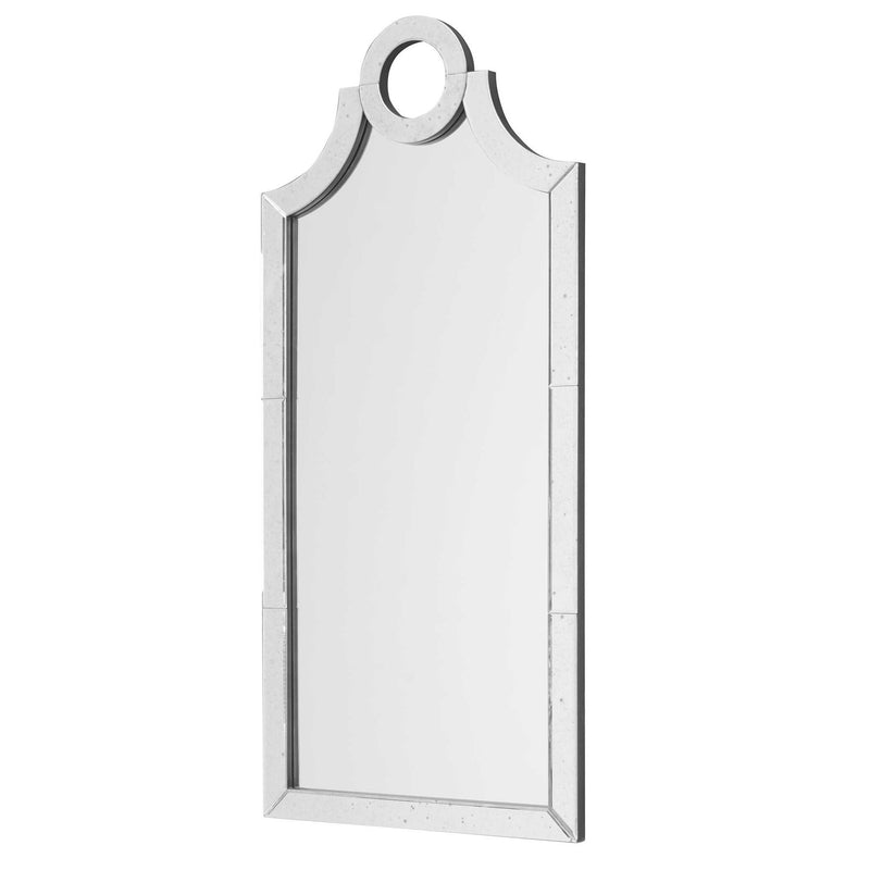 Uttermost Acacius Pearl Silver arched wall mirror with a decorative silver frame hanging on a wall.