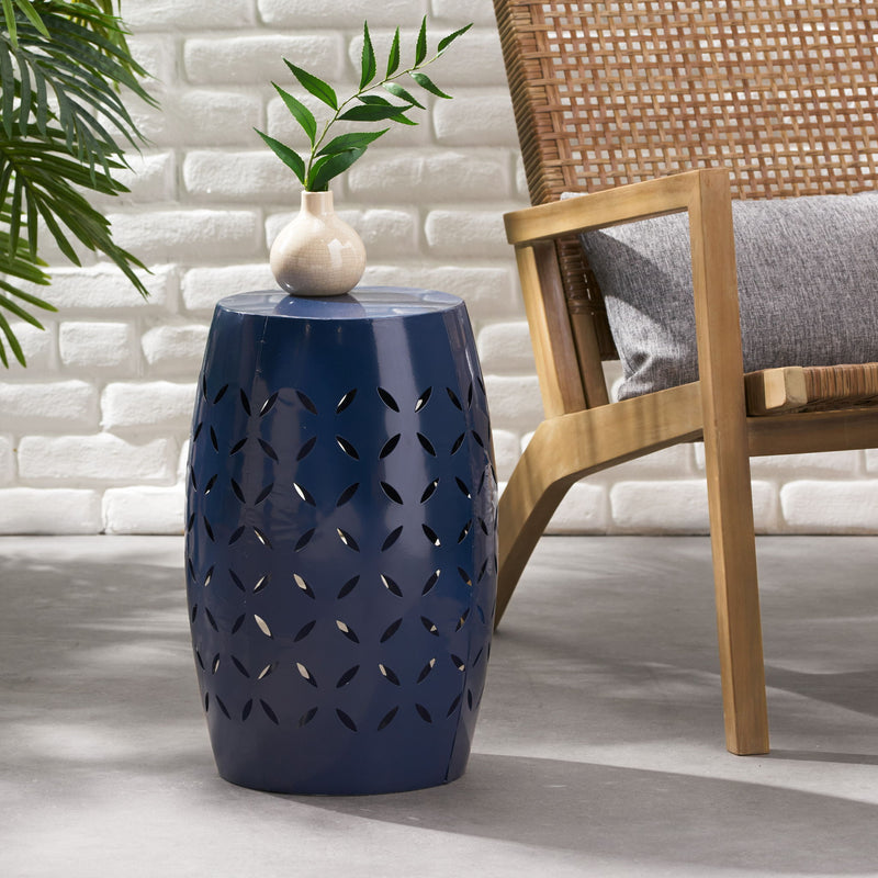 Navy blue outdoor lace cut side table by Noble House, featuring intricate lace design and sturdy legs for patio or garden use.