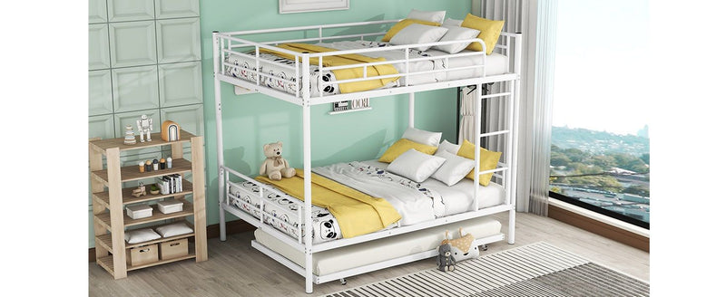 Steel construction bunk bed by DreamHaus with sturdy frame and two sleeping levels in a modern bedroom setting.