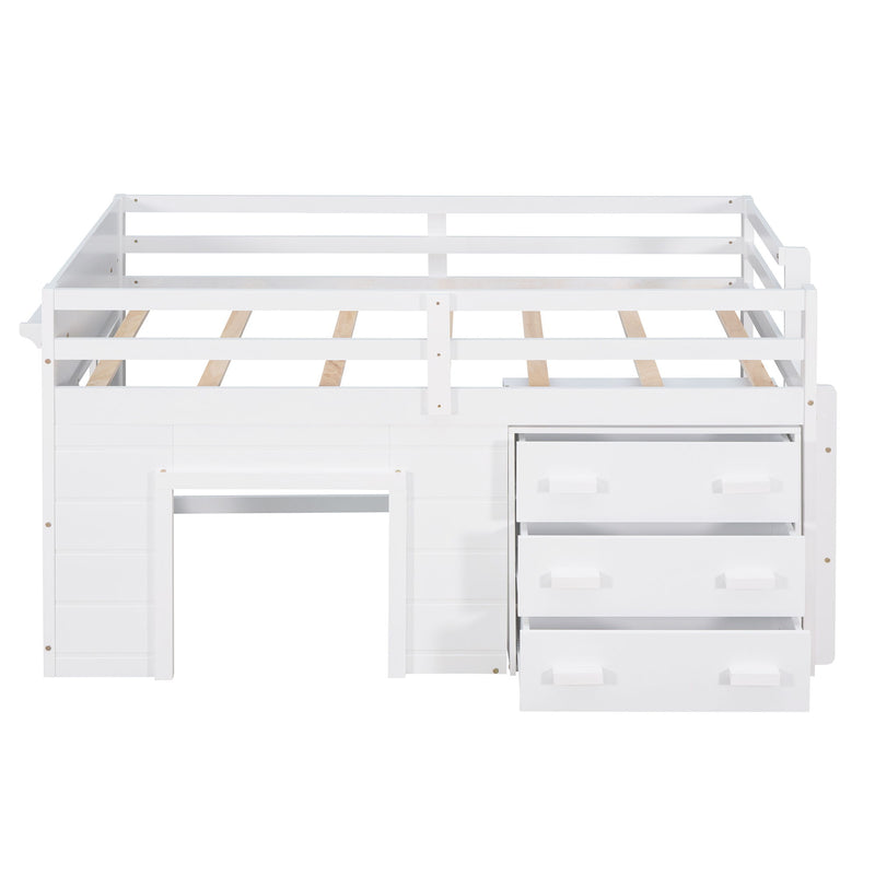 DreamHaus loft bed with integrated cabinet and shelf, showcasing a sturdy wooden frame and functional storage options.