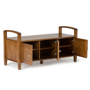 Handcrafted Warm Shaker entryway storage bench by Simpli-Home with wooden finish and cushioned seat, ideal for hallway organization.