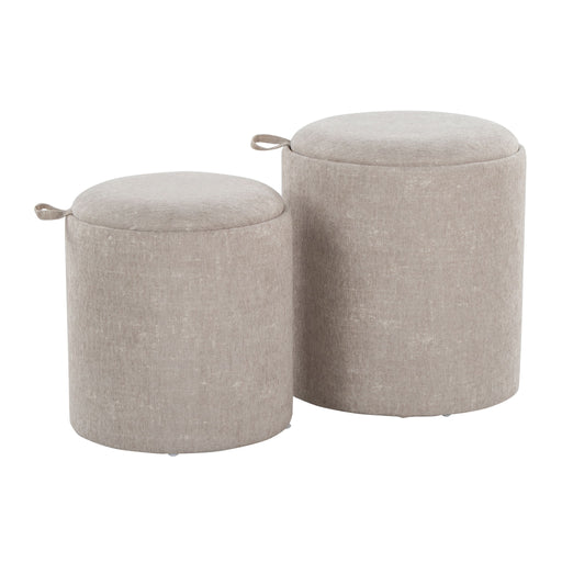 Lumi Source contemporary nesting ottoman set with two trays, modern living room decor, featuring sleek design and neutral upholstery