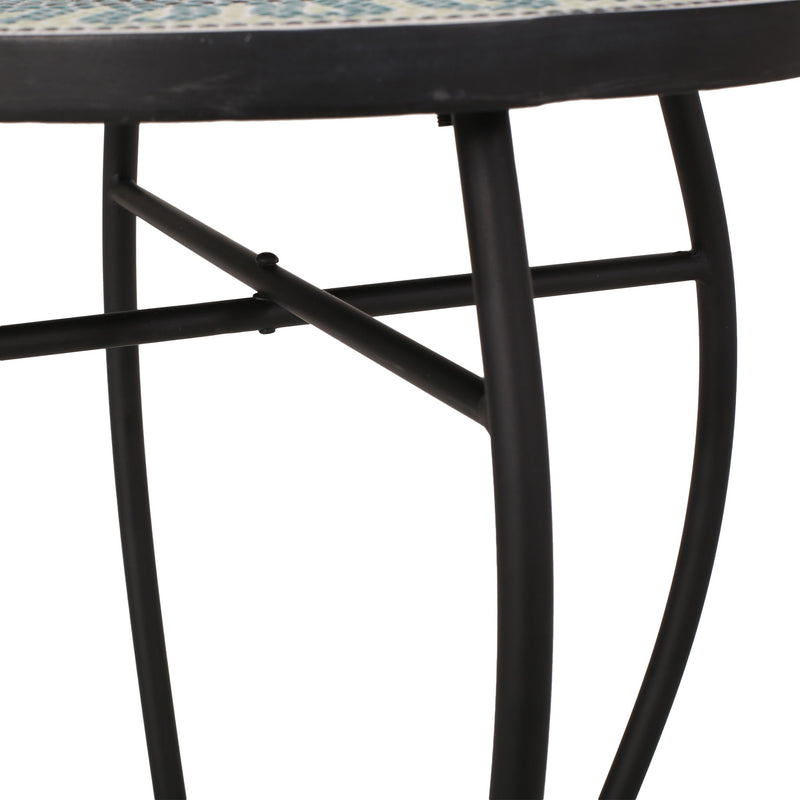 Black outdoor side table with mosaic tile tabletop by Noble House, featuring a sturdy frame and decorative surface for outdoor use.