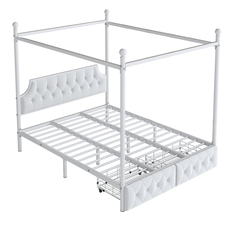 Queen Size Canopy Platform Bed With Upholstered Headboard And 2 Storage Drawers - White - R&R Furniture Gallery (Fountain Valley, CA)