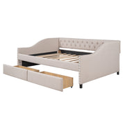 DreamHaus upholstered storage daybed with two drawers and wood slat support, ideal for versatile bedroom organization.
