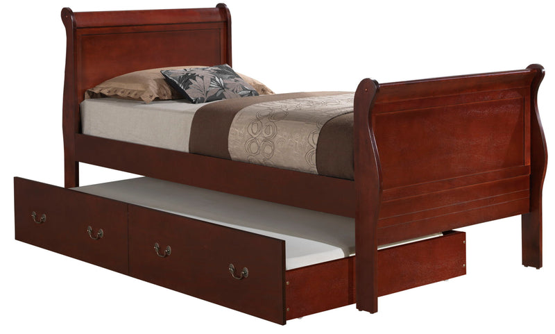 Elegant Glory Furniture trundle bed with classic design, featuring a wooden frame and a hidden pull-out sleeping drawer.