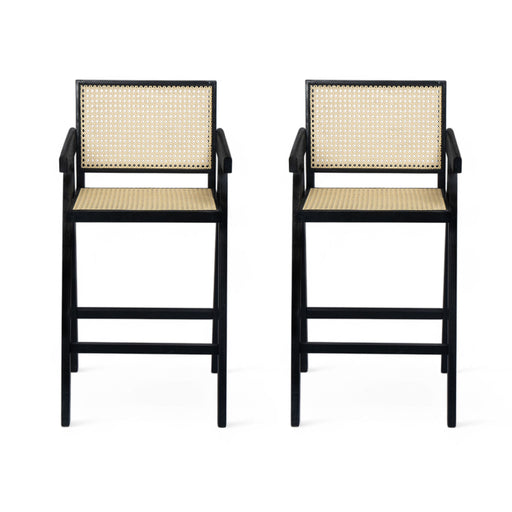 Modern Minimalist Bar Stool With Cane Seat - Black / Natural - R&R Furniture Gallery (Fountain Valley, CA)