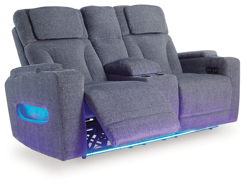 Studio Cave - Power Reclining Loveseat with Console - Steel - R&R Furniture Gallery (Fountain Valley, CA)