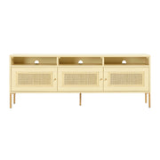 TOV Furniture Sierra media console TV stand with wood finish, open shelves, and storage compartments for entertainment devices.