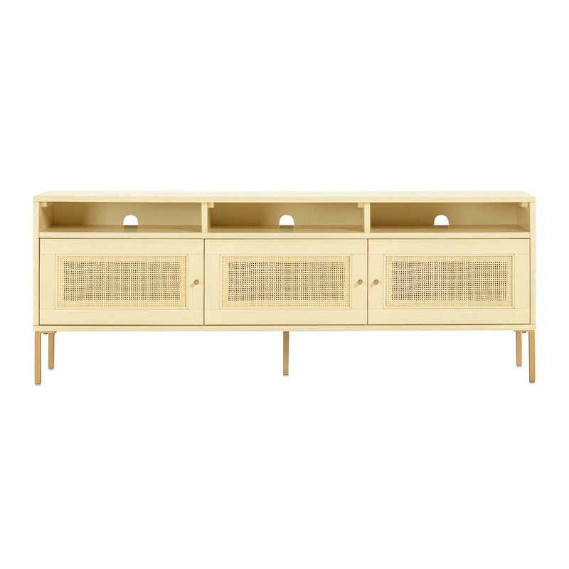 TOV Furniture Sierra media console TV stand with wood finish, open shelves, and storage compartments for entertainment devices.
