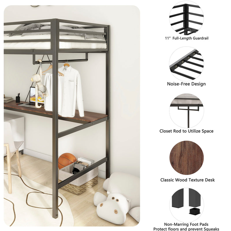Adam - Twin Loft Bunk Bed With Cinnamon Wood Desk And Closet Rod - Black - R&R Furniture Gallery (Fountain Valley, CA)