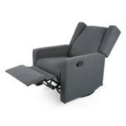 Noble House Landau contemporary fabric upholstered swivel recliner with cushioned seat and back, modern design, and swivel base.