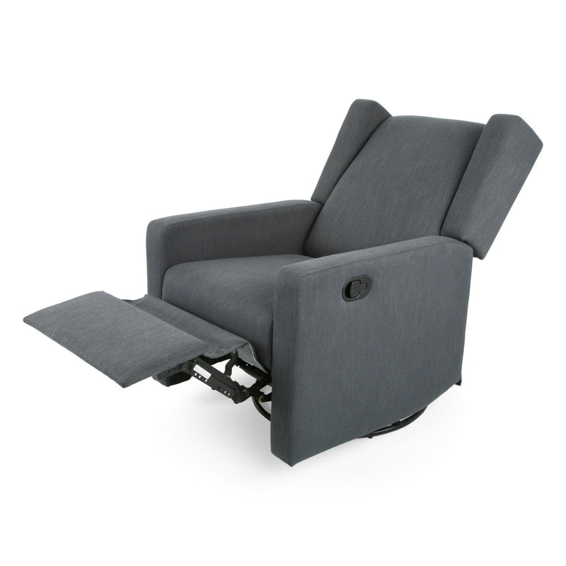 Noble House Landau contemporary fabric upholstered swivel recliner with cushioned seat and back, modern design, and swivel base.