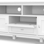 Handcrafted Warm Shaker TV media stand by Simpli-Home featuring wooden shelves and storage compartments for media devices and decor.