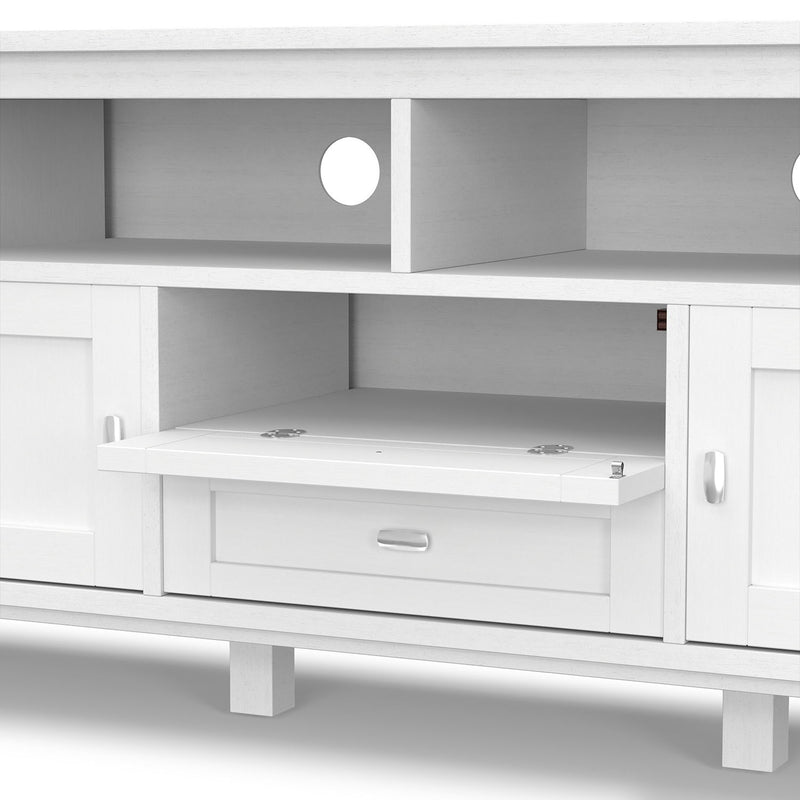Handcrafted Warm Shaker TV media stand by Simpli-Home featuring wooden shelves and storage compartments for media devices and decor.