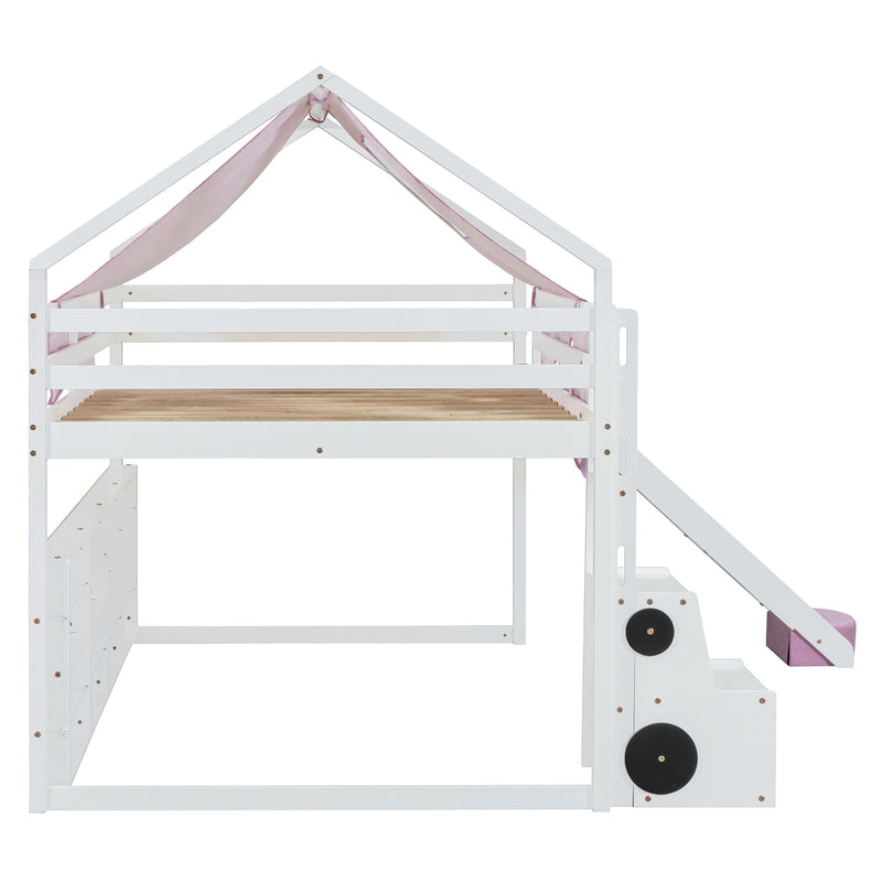 DreamHaus loft bed with house-shaped frame and tent, featuring a cozy sleeping area and playful design for kids.