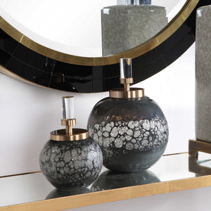 Pair of dark gray art glass bottles vases from Uttermost Cessair collection, featuring sleek, modern design for decorative use.