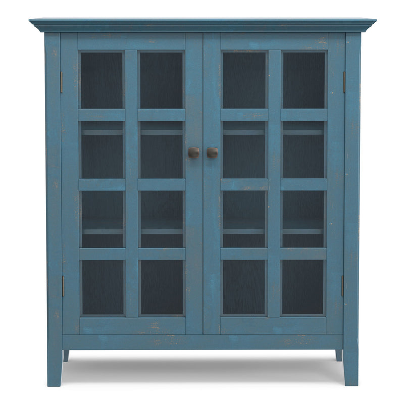 Handcrafted Simpli-Home Acadian medium accent storage cabinet with wooden doors and vintage style, ideal for home organization.