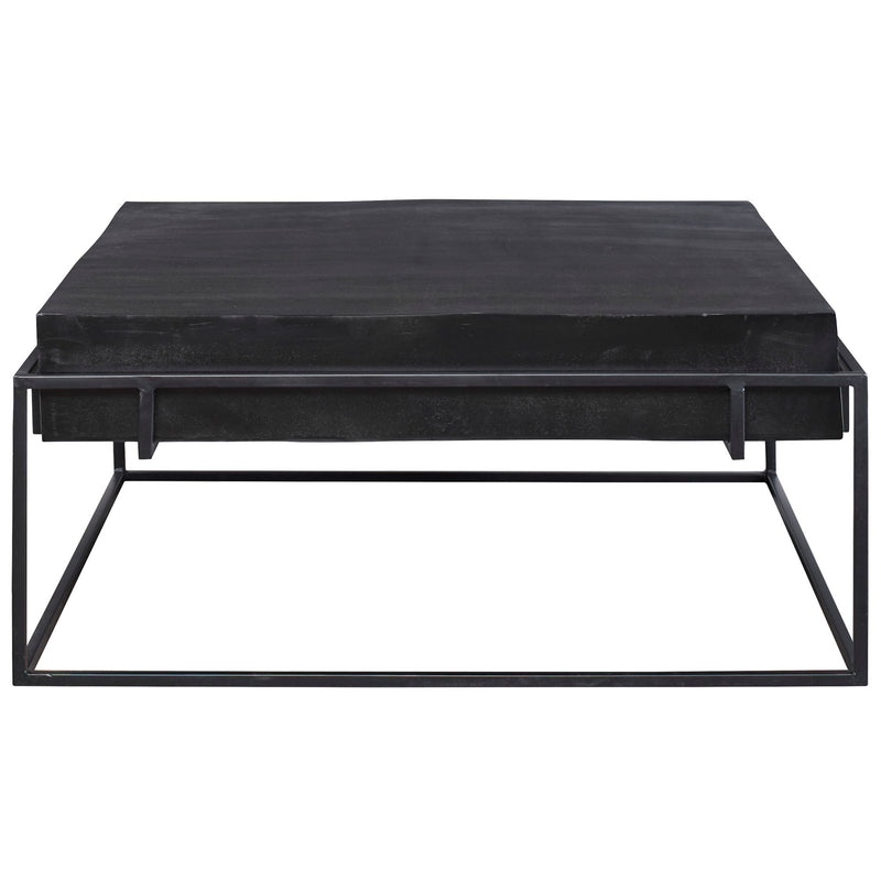 Modern Uttermost Telone console table with sleek metal frame and wooden top, showcasing contemporary design and clean lines.
