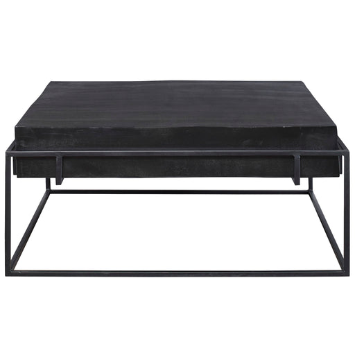 Modern Uttermost Telone console table with sleek metal frame and wooden top, showcasing contemporary design and clean lines.