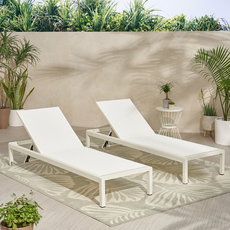 Noble House outdoor patio chaise lounge with five reclining positions, featuring a cushioned seat and adjustable backrest.
