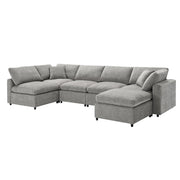 Modern Luxe & Co. cloud sectional sofa bed with six seats, ottoman, and U-shaped sleeper for stylish living room comfort.