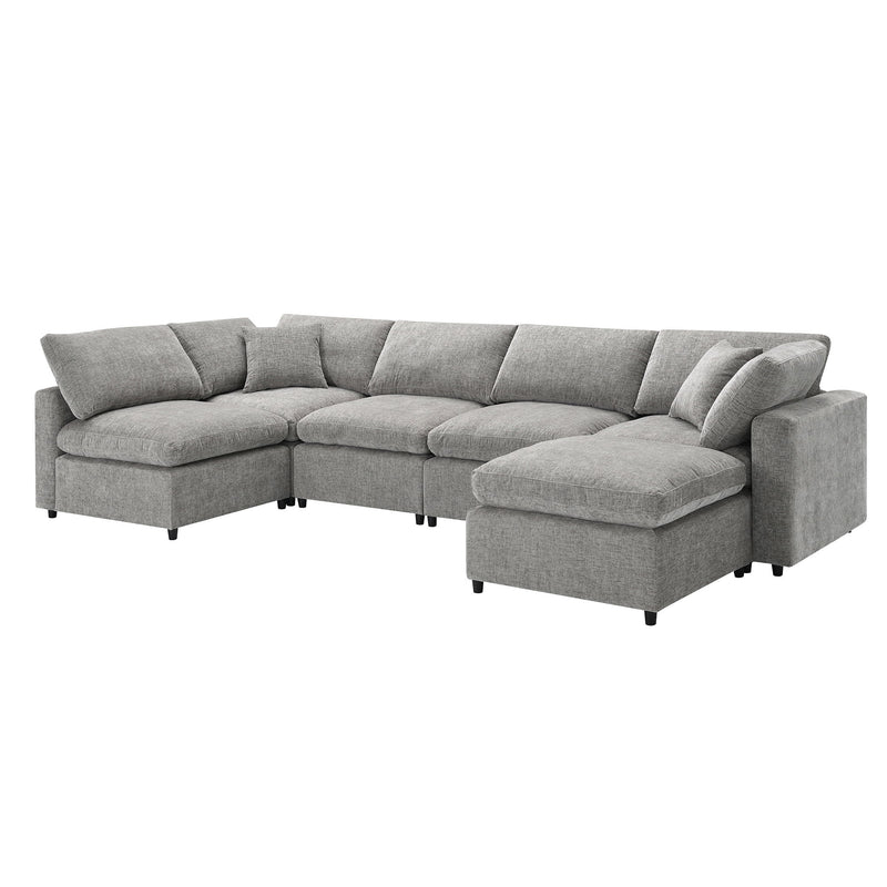 Modern Luxe & Co. cloud sectional sofa bed with six seats, ottoman, and U-shaped sleeper for stylish living room comfort.