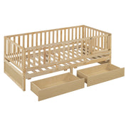 DreamHaus storage daybed with fence guardrails and two drawers, featuring a split design for independent floor bed and daybed.