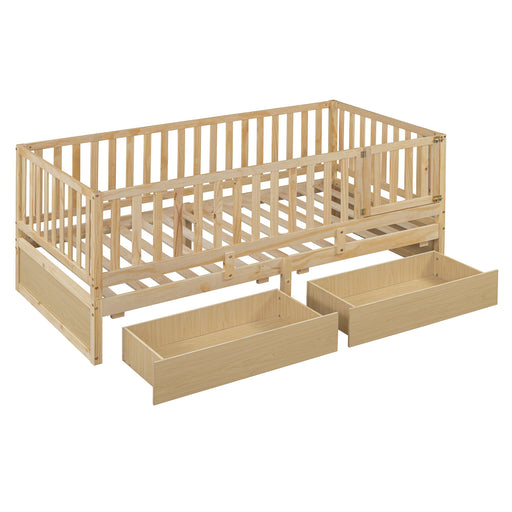 DreamHaus storage daybed with fence guardrails and two drawers, featuring a split design for independent floor bed and daybed.