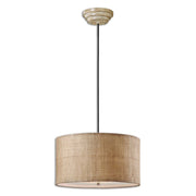 Uttermost Dafina 3-light beige burlap drum pendant light hanging in a modern living room setting