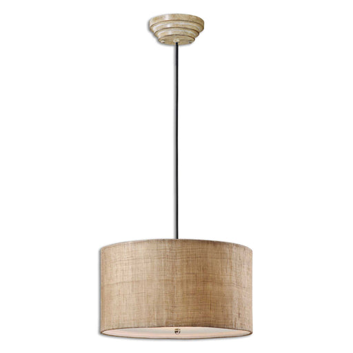 Uttermost Dafina 3-light beige burlap drum pendant light hanging in a modern living room setting