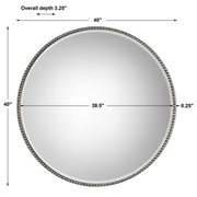 Beaded round wall mirror with pearl silver frame by Uttermost, featuring intricate beaded detailing and a reflective glass surface.