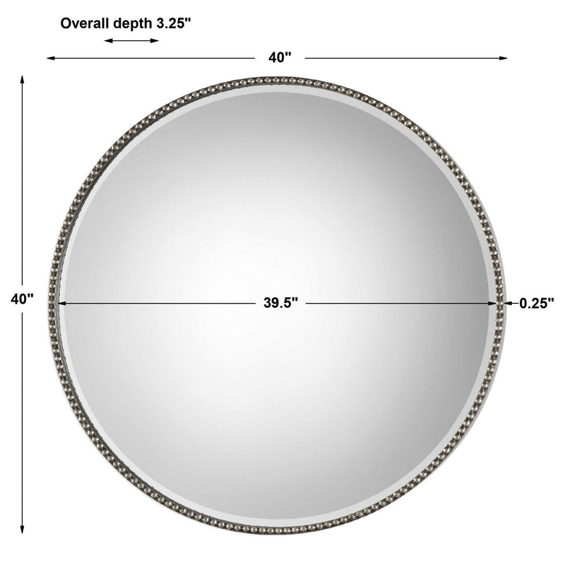 Beaded round wall mirror with pearl silver frame by Uttermost, featuring intricate beaded detailing and a reflective glass surface.