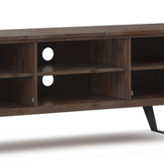 Rustic natural aged brown Lowry TV media stand by Simpli-Home with storage cabinets and open shelving for media devices.