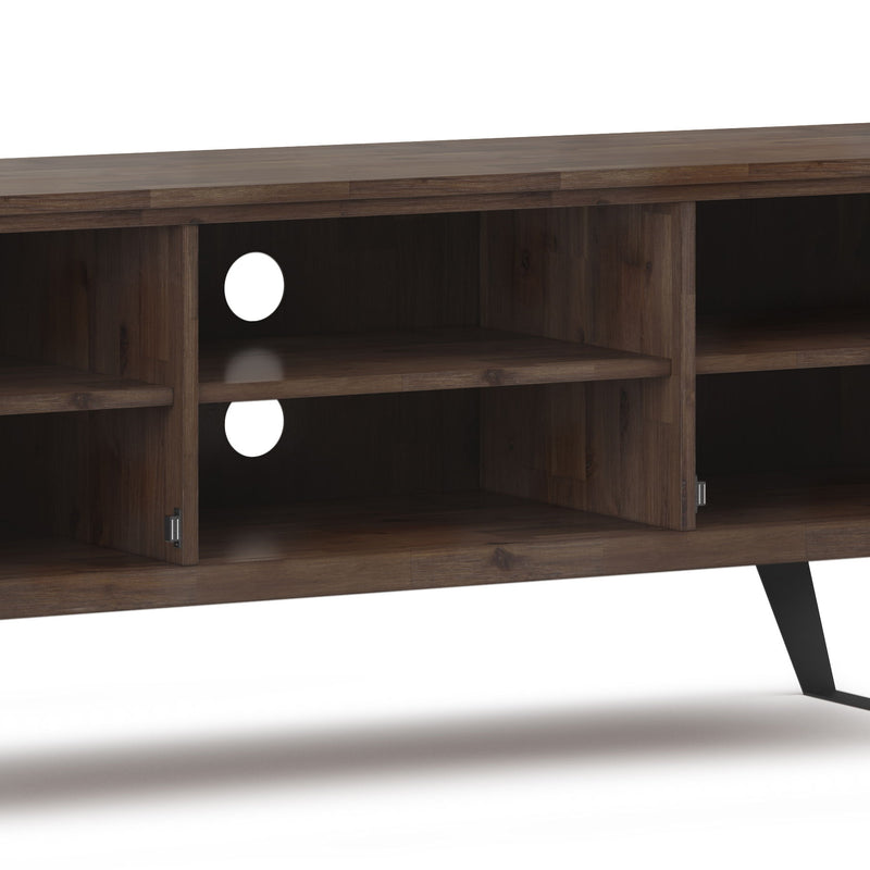 Rustic natural aged brown Lowry TV media stand by Simpli-Home with storage cabinets and open shelving for media devices.