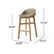 Set of two Noble House outdoor wicker and acacia wood barstools with water-resistant brown finish, perfect for patio seating.