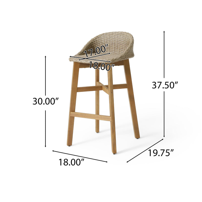 Set of two Noble House outdoor wicker and acacia wood barstools with water-resistant brown finish, perfect for patio seating.