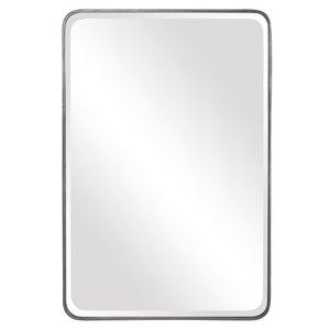 Uttermost Aramis silver wall mirror with a sleek rectangular frame hanging on a modern wall.