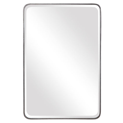Uttermost Aramis silver wall mirror with a sleek rectangular frame hanging on a modern wall.