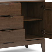 Simpli-Home Harper sideboard buffet with wooden finish, featuring multiple storage cabinets and drawers for dining room organization.